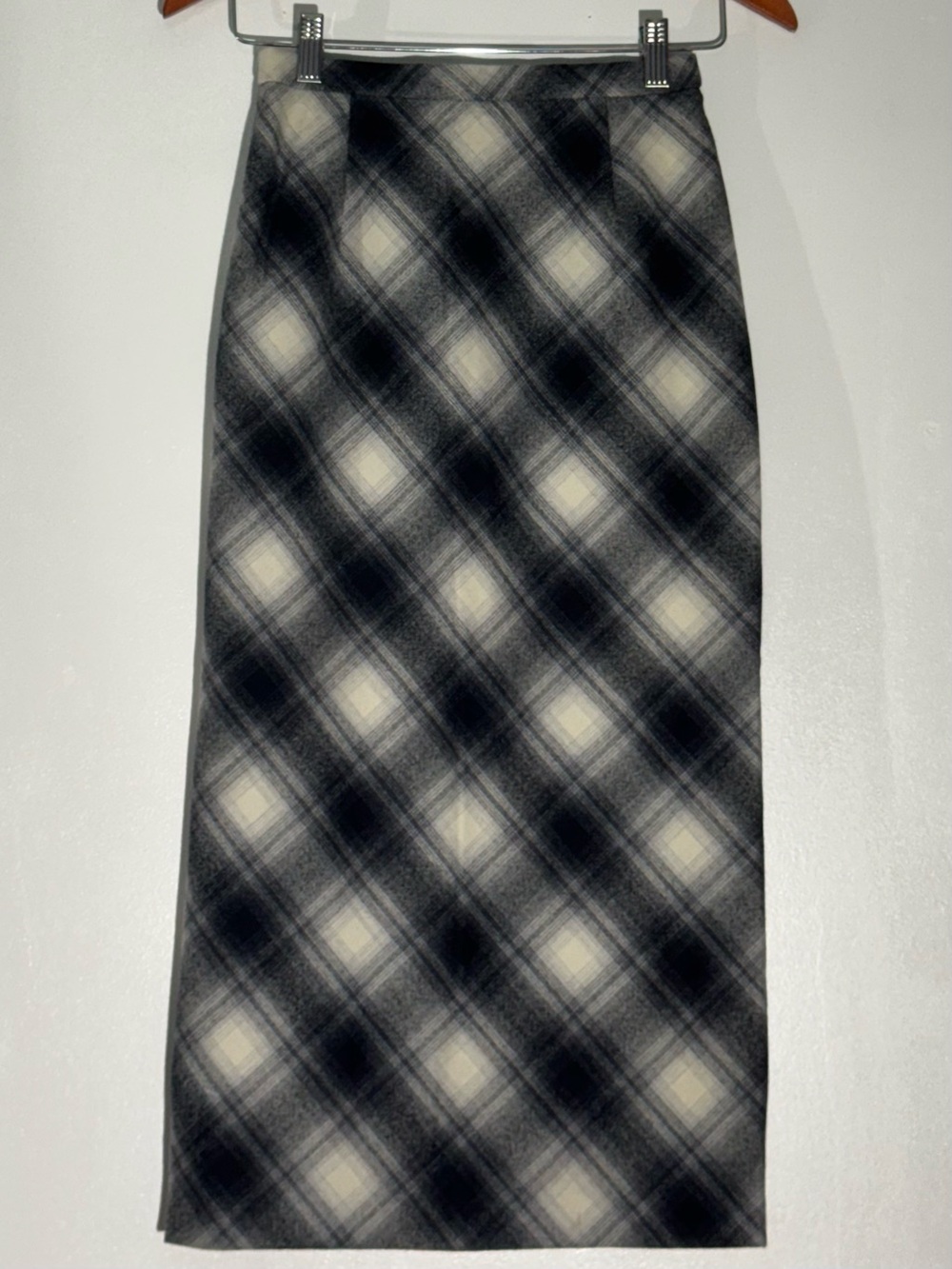 Celine Plaid Wool Blend Skirt Gray Black Bias Check Straight Long 36 Vtg